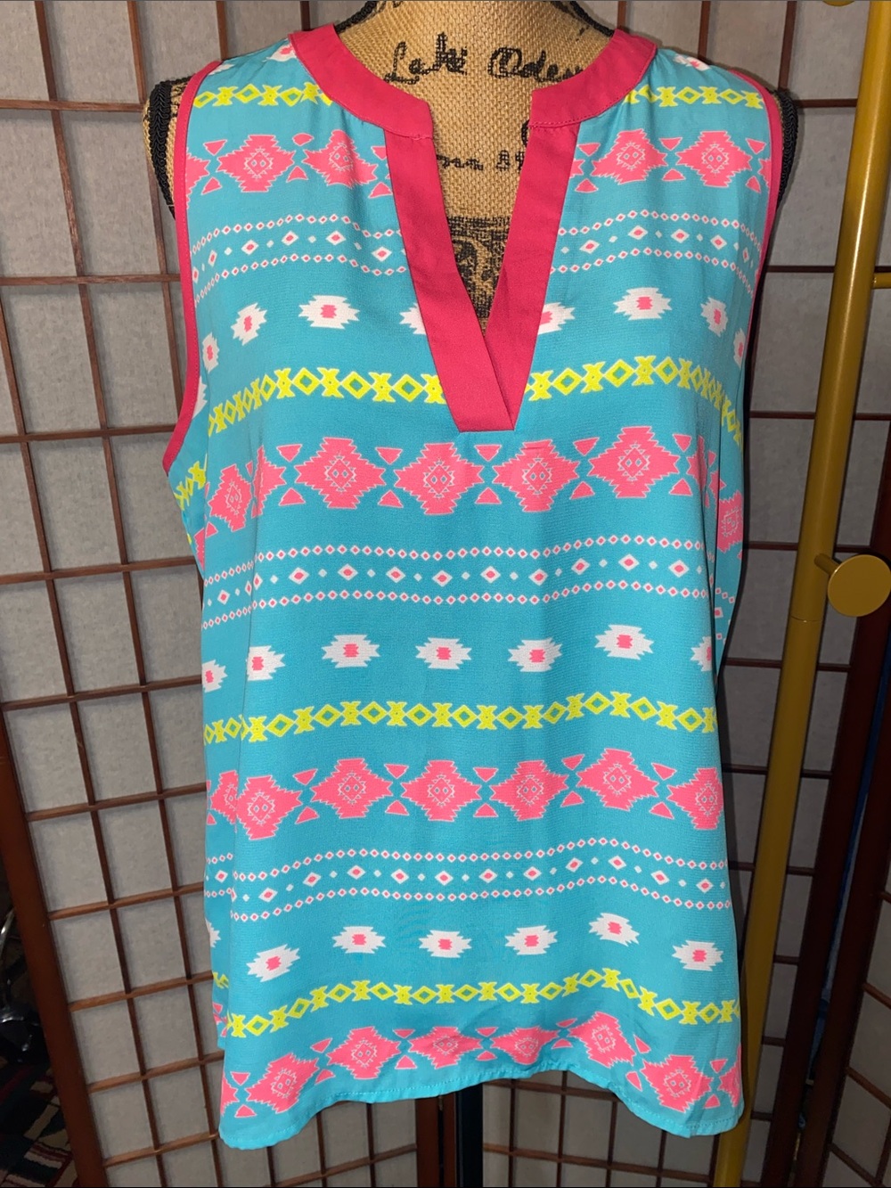 Pink Owl Turquoise Aztec Print Tunic with Pink Trim
